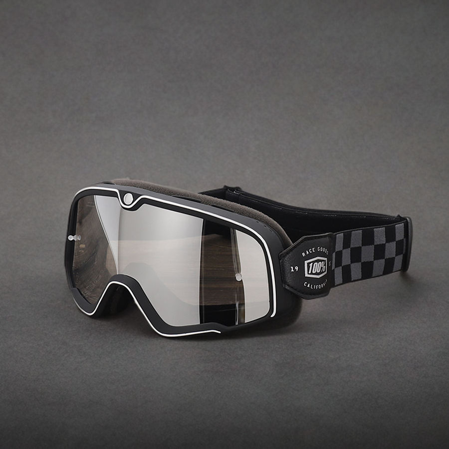 Checkered Strap Vintage Motorcycle Goggles Silver Lens