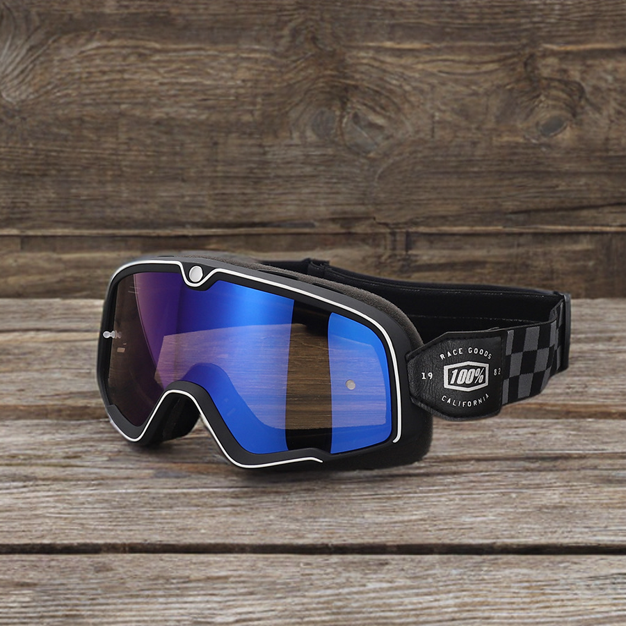 Checkered Strap Vintage Motorcycle Goggles Blue Lens