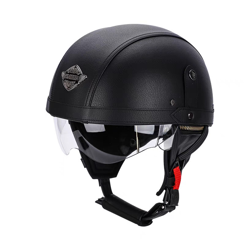 Retro Leather Motorcycle Half Helmet Black 