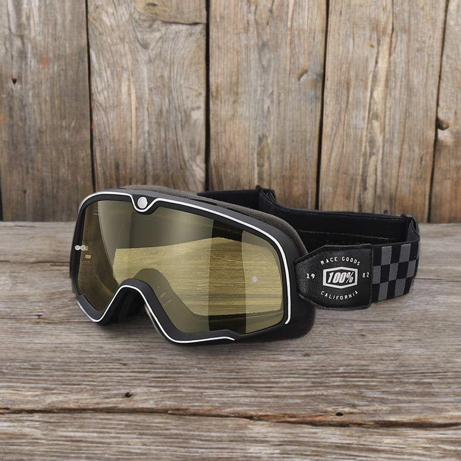 Checkered Strap Vintage Motorcycle Goggles Yellow Lens 