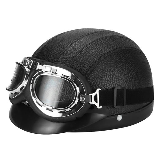 Black Vintage Aviator Half Helmet with Goggles