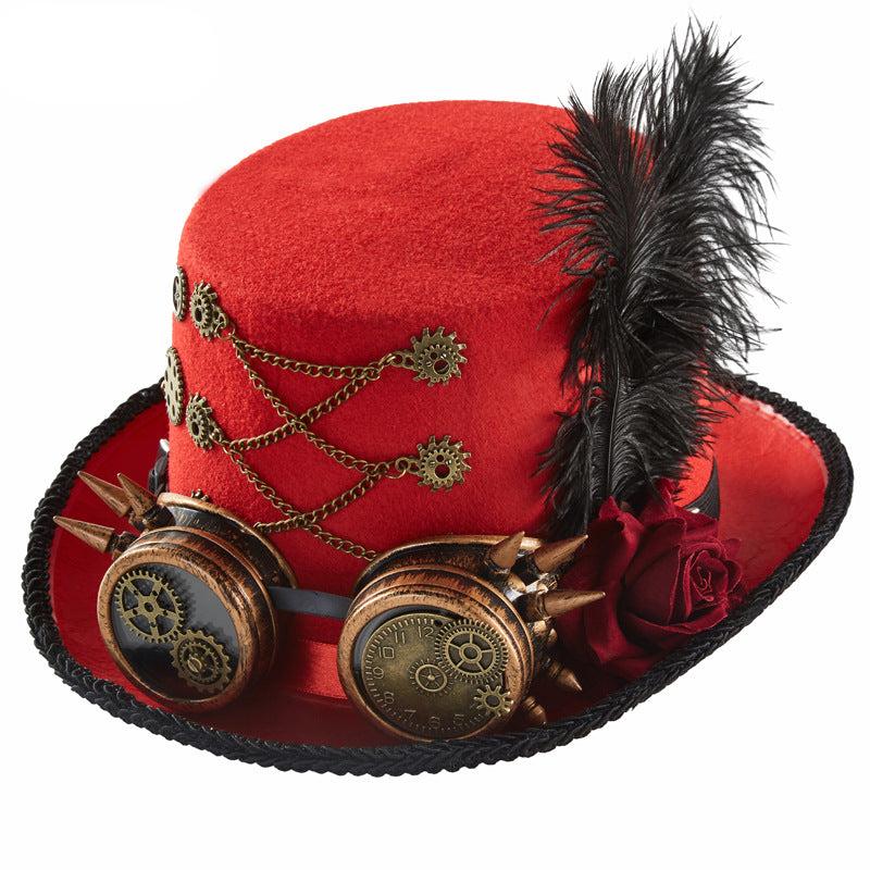 Red Gothic Steampunk Rose Gear Top Hat