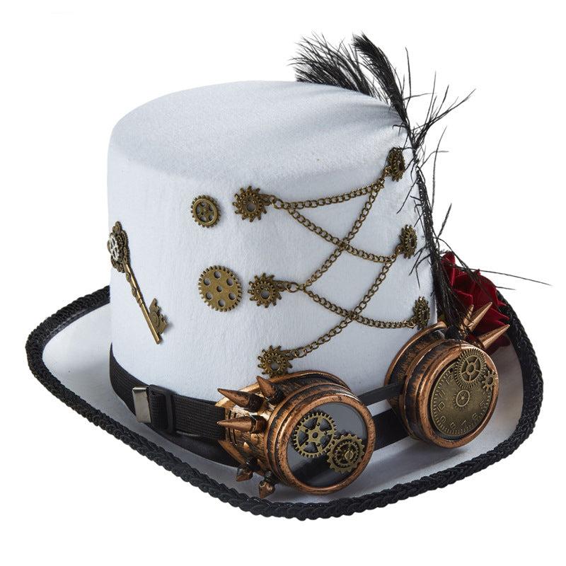 White Gothic Steampunk Rose Gear Top Hat