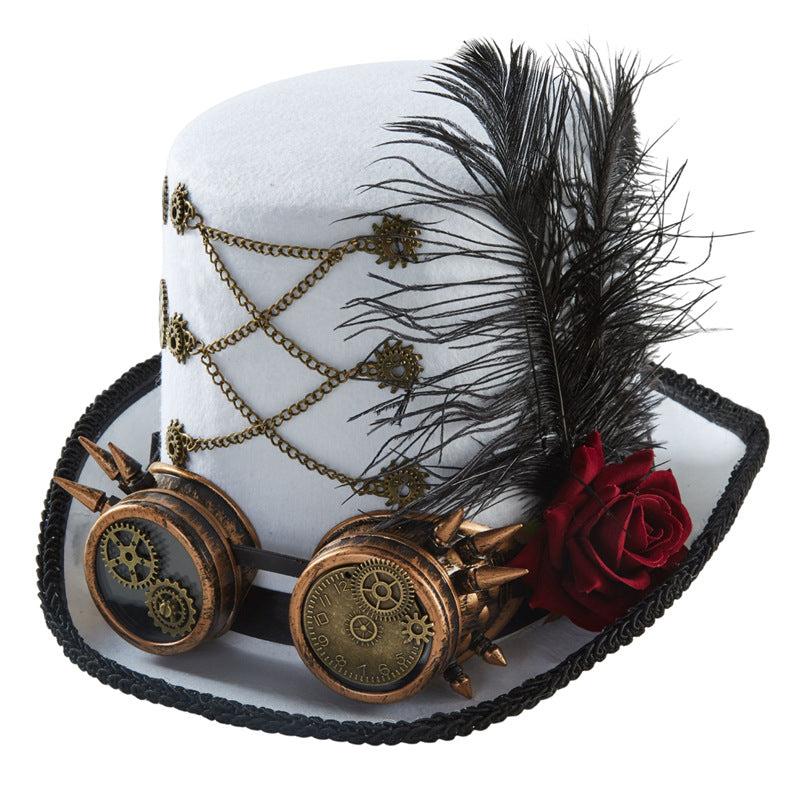 White Gothic Steampunk Rose Gear Top Hat