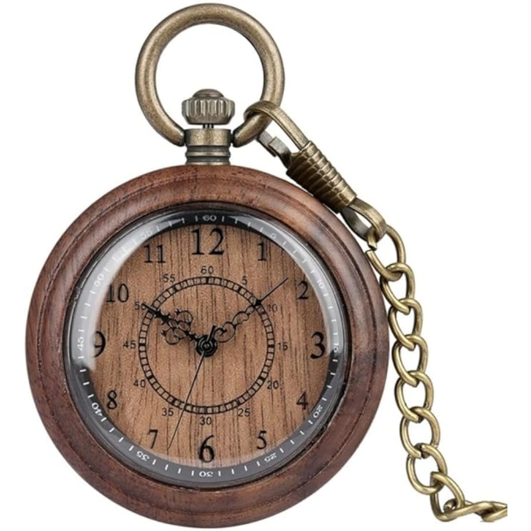 Walnut Wood Double Circle Pocket Watch 